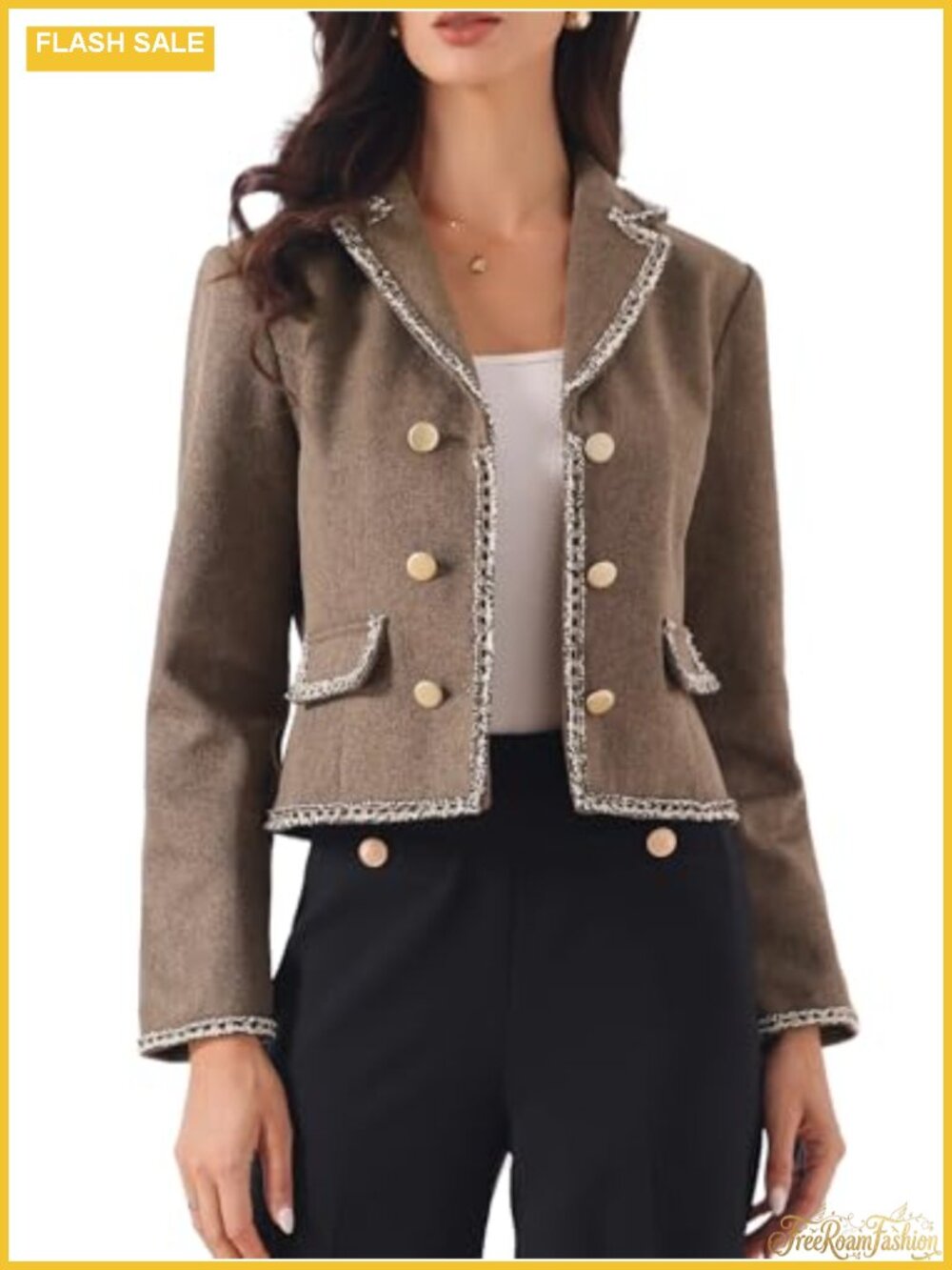 Womens Cropped Tweed Blazer Jacket Button Notch Collar Office